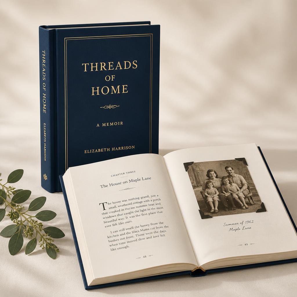 A deep navy hardcover Book beside an open copy showing typeset pages and a family photograph