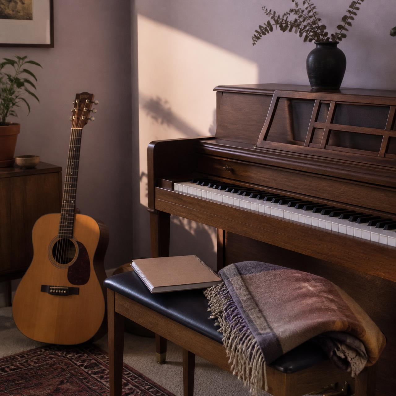 An acoustic guitar leaning against an upright piano in a quiet home room
