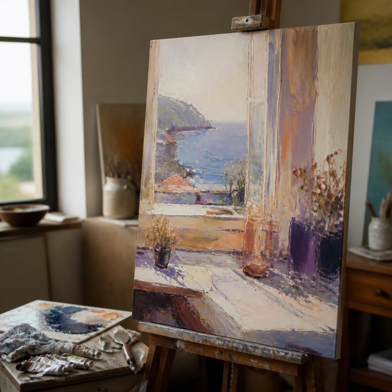 An unframed oil painting on a wooden easel in a sunlit painter's studio