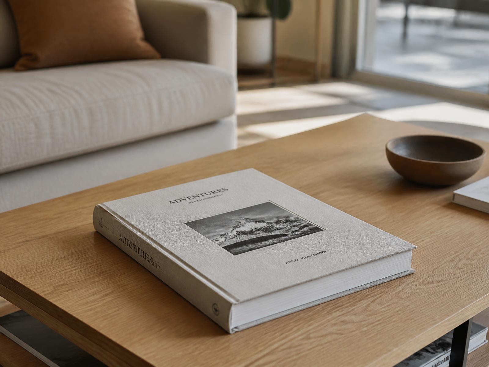 A hardcover book resting on a table in a warmly lit family home