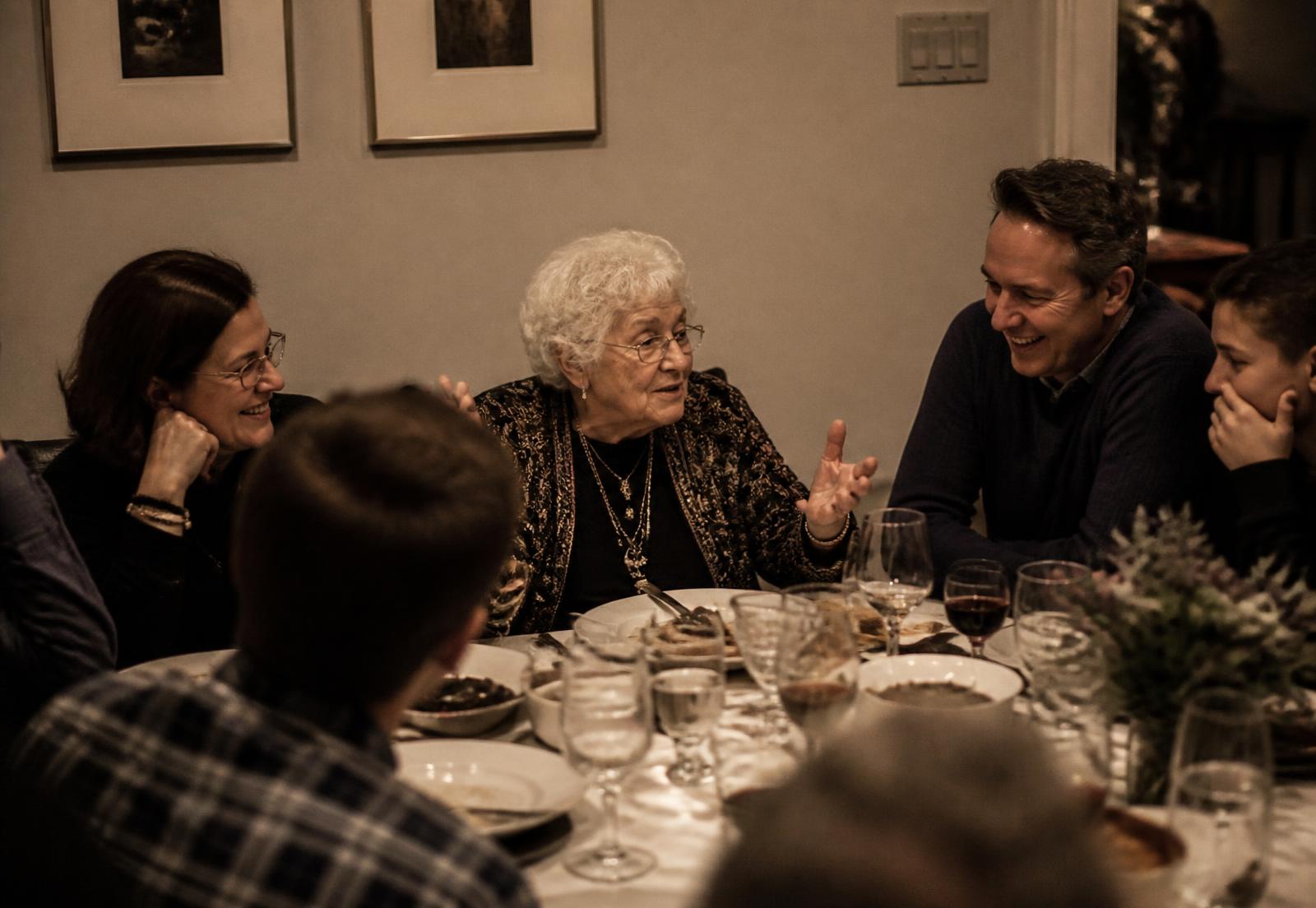 A grandmother sitting at a kitchen table talking with her family